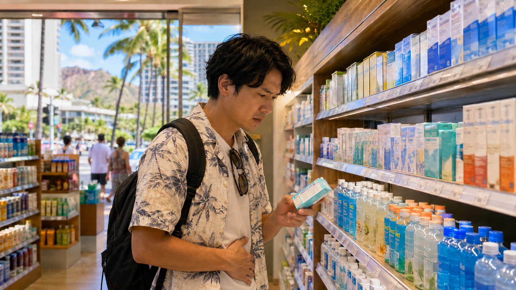ハワイのドラッグストアで下痢止めや経口補水系の商品を確認する日本人旅行者のイメージ