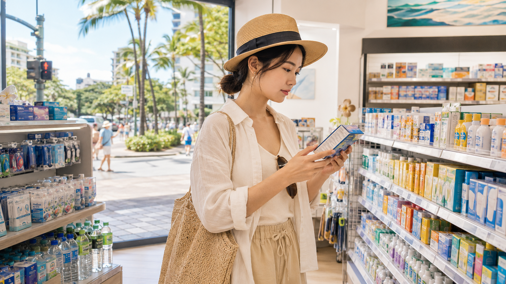 ハワイのドラッグストアで市販薬のDrug Facts表示を確認する日本人旅行者のイメージ