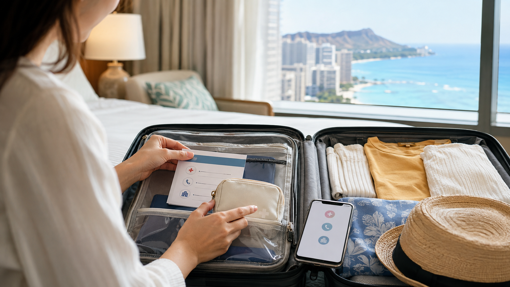 ハワイ旅行前にホテルで海外旅行保険の緊急連絡先を確認する旅行者