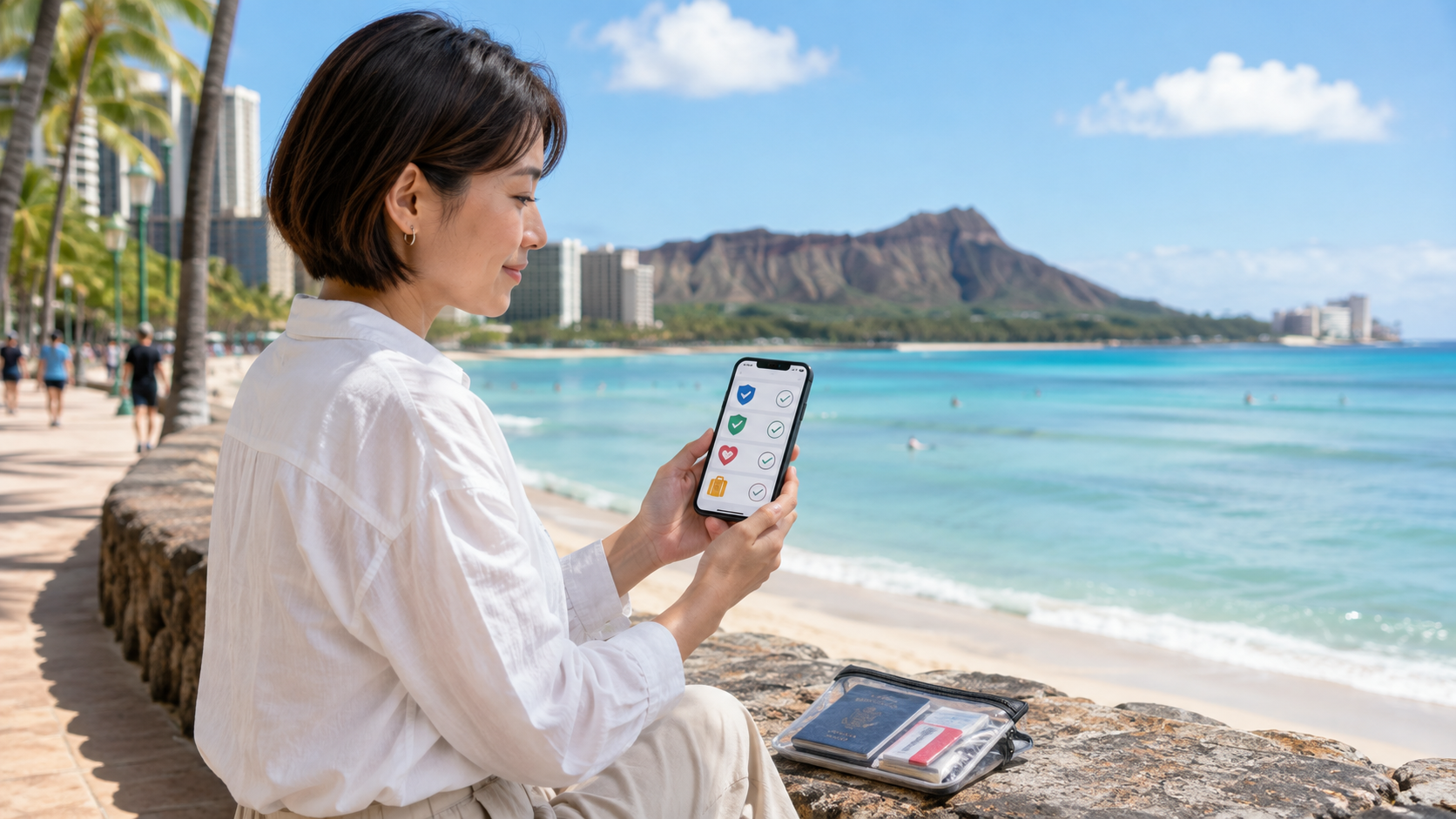 ハワイ旅行前にスマホで海外旅行保険を比較する旅行者