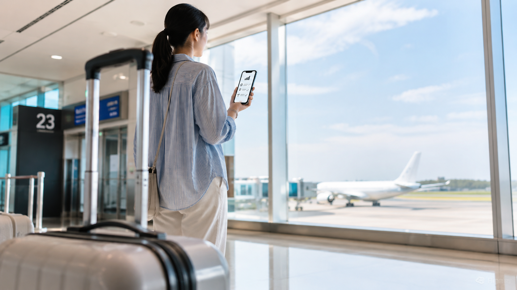 ハワイ出発前に空港ゲートでスマホ設定を確認する旅行者